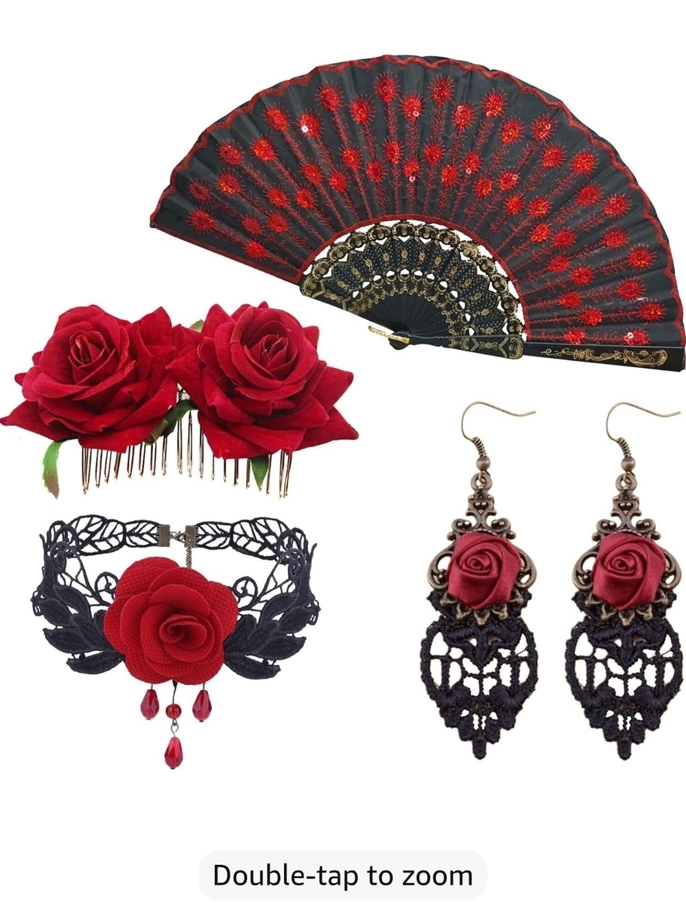 Red Rose Lace Fan and Jewelry Set - Women Accessories